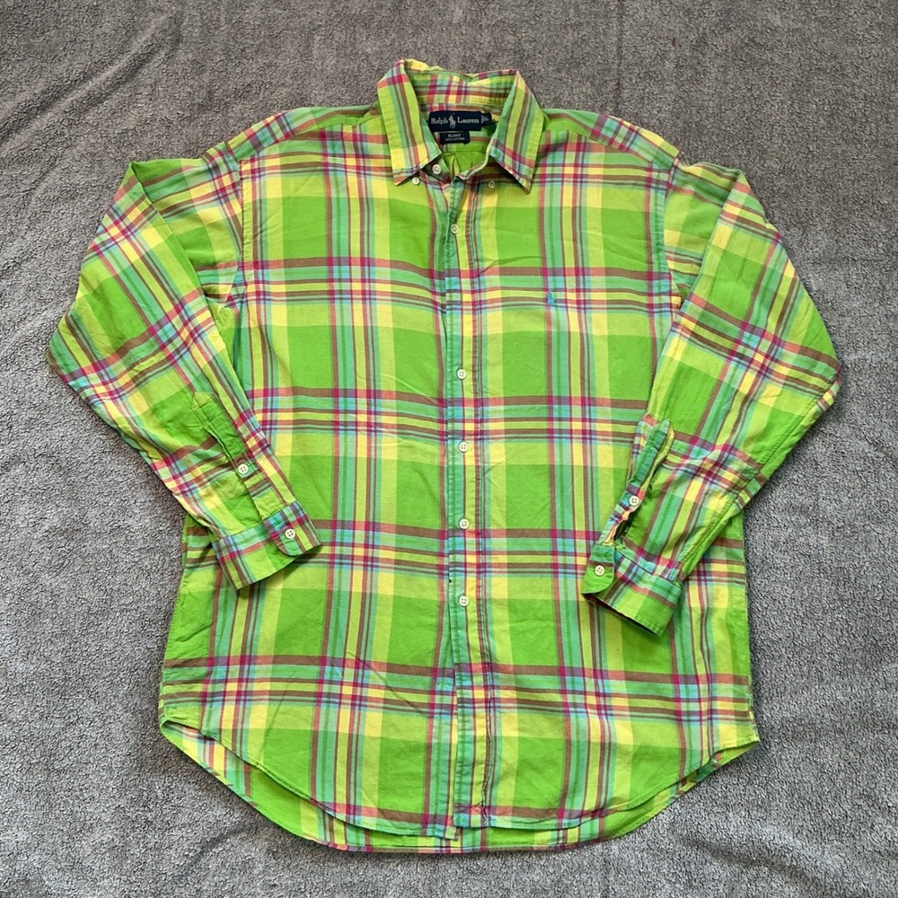 Ralph Lauren Blake Mens Large Green Plaid Cotton Button Down Shirt Long Sleeve
